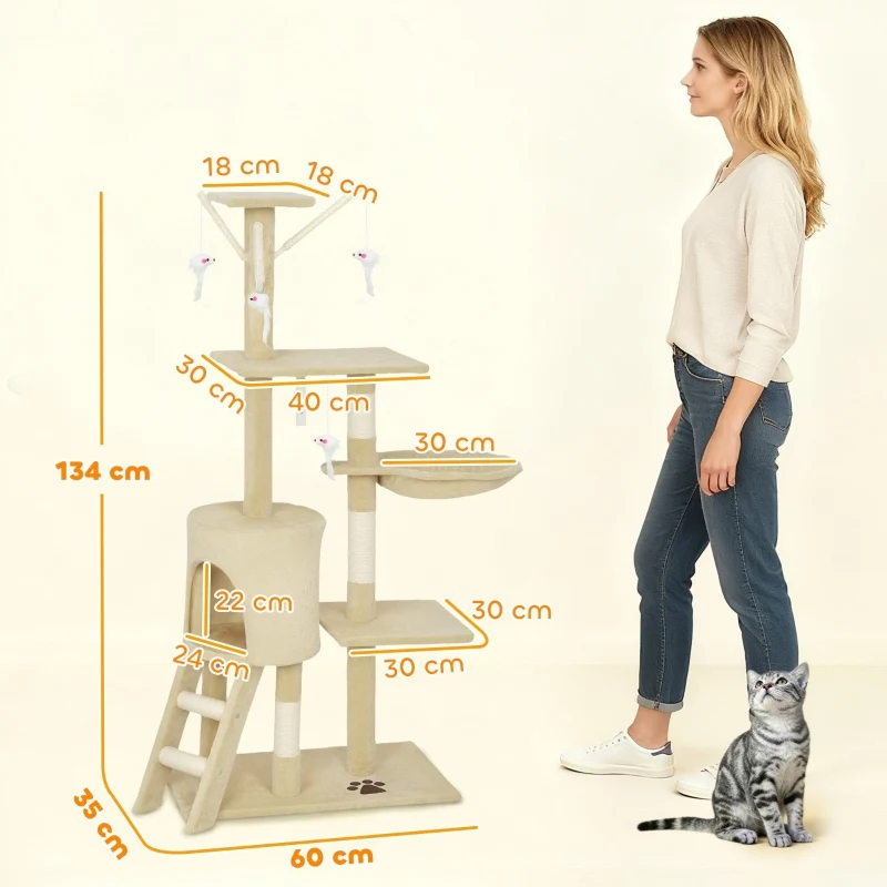 Visitandine Arbre à chat 134 cm Beige avec griffoirs sisal, grande plateforme, jouets, niche, pour chats <5kg