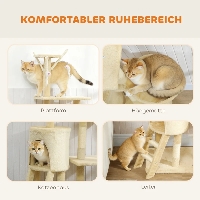 Visitandine Arbre à chat 134 cm Beige avec griffoirs sisal, grande plateforme, jouets, niche, pour chats <5kg