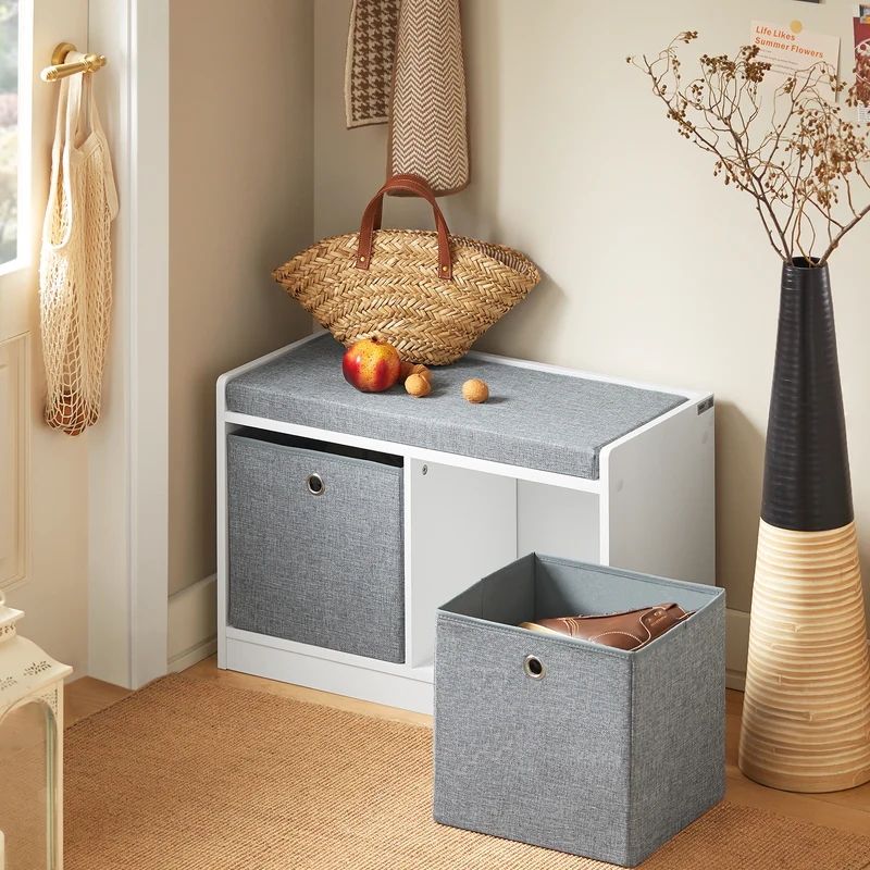 SoBuy FSR65-K-DG Banc à Chaussures avec Coussin Rembourré et 2 Paniers de Rangement pour Entrée – 68x32x45 cm, Gris Foncé