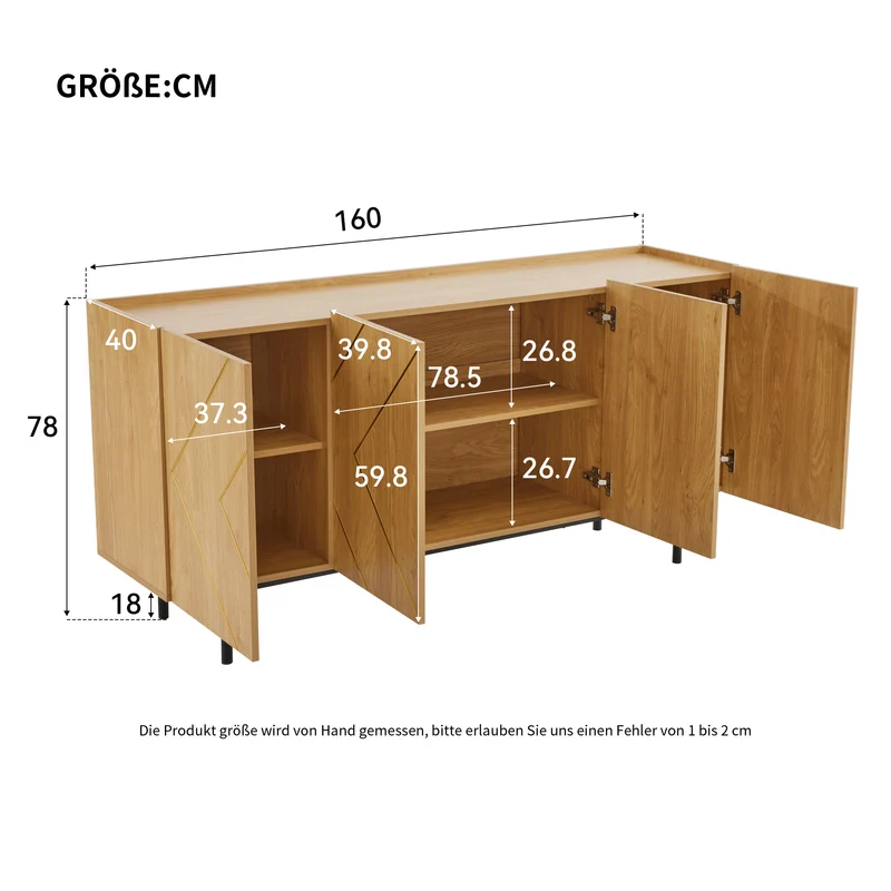 Buffet effet bois motif géométrique linges dorés 4 portes pieds noirs surélevés COLS