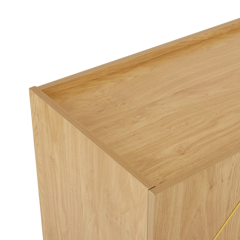 Buffet effet bois motif géométrique linges dorés 4 portes pieds noirs surélevés COLS