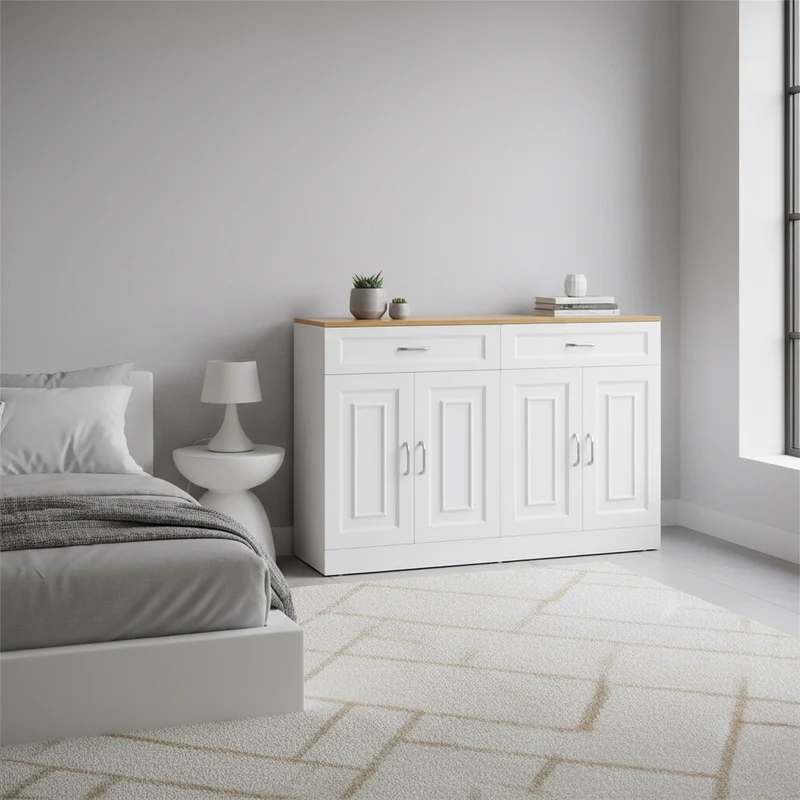 Buffet effet bois et blanc 4 portes et 2 tiroirs 120*35cm OPALPHYT