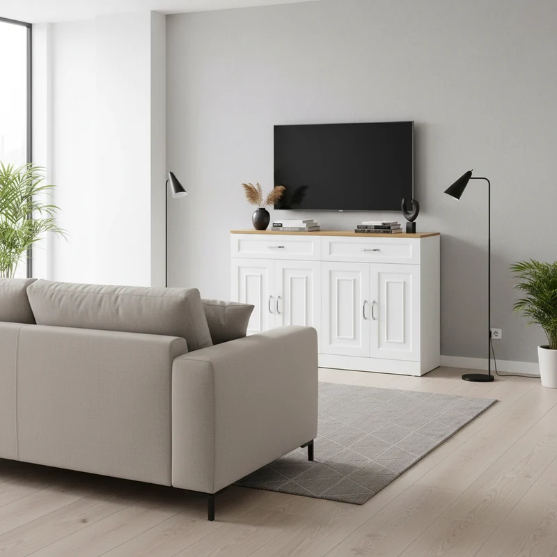 Buffet effet bois et blanc 4 portes et 2 tiroirs 120*35cm OPALPHYT