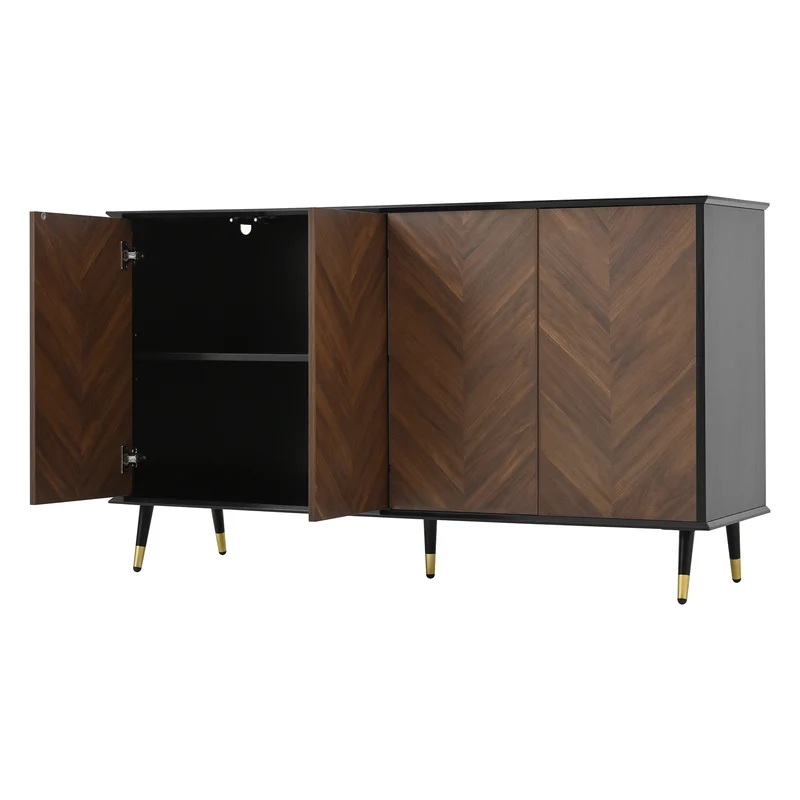 Buffet vintage effet bois et noir motif chevrons 4 portes pieds dorés CEDARFIELD