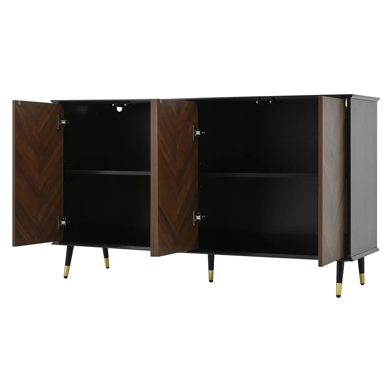 Buffet vintage effet bois et noir motif chevrons 4 portes pieds dorés CEDARFIELD