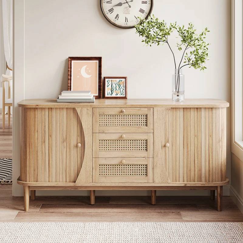 Buffet effet bois naturel 2 portes colissantes 3 tiroirs en rotin CEDARCREST