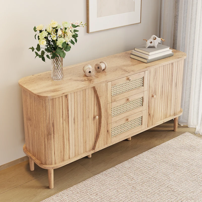 Buffet effet bois naturel 2 portes colissantes 3 tiroirs en rotin CEDARCREST