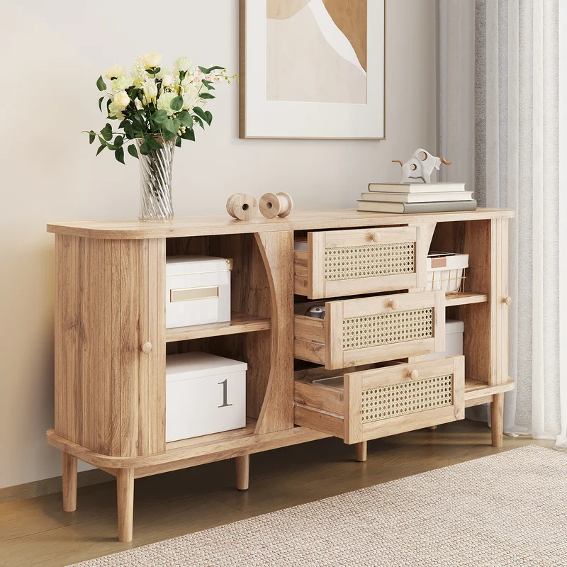 Buffet effet bois naturel 2 portes colissantes 3 tiroirs en rotin CEDARCREST