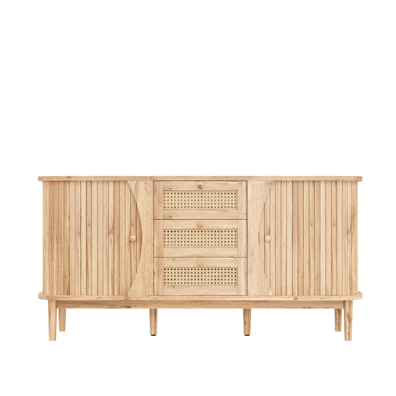 Buffet effet bois naturel 2 portes colissantes 3 tiroirs en rotin CEDARCREST
