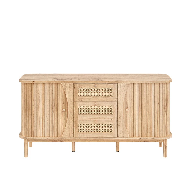Buffet effet bois naturel 2 portes colissantes 3 tiroirs en rotin CEDARCREST