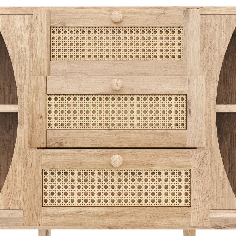 Buffet effet bois naturel 2 portes colissantes 3 tiroirs en rotin CEDARCREST
