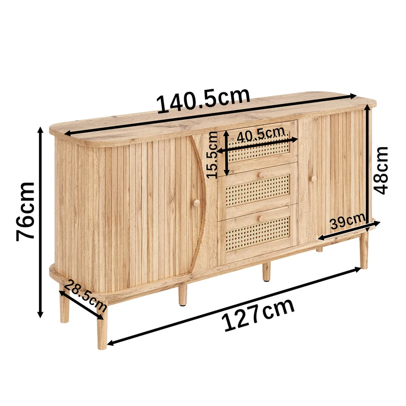 Buffet effet bois naturel 2 portes colissantes 3 tiroirs en rotin CEDARCREST