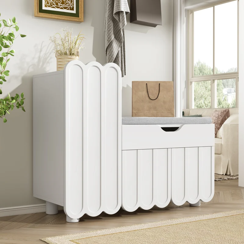Meuble à chaussures blanc avec rangement banc assise rembourrée KIVUILS