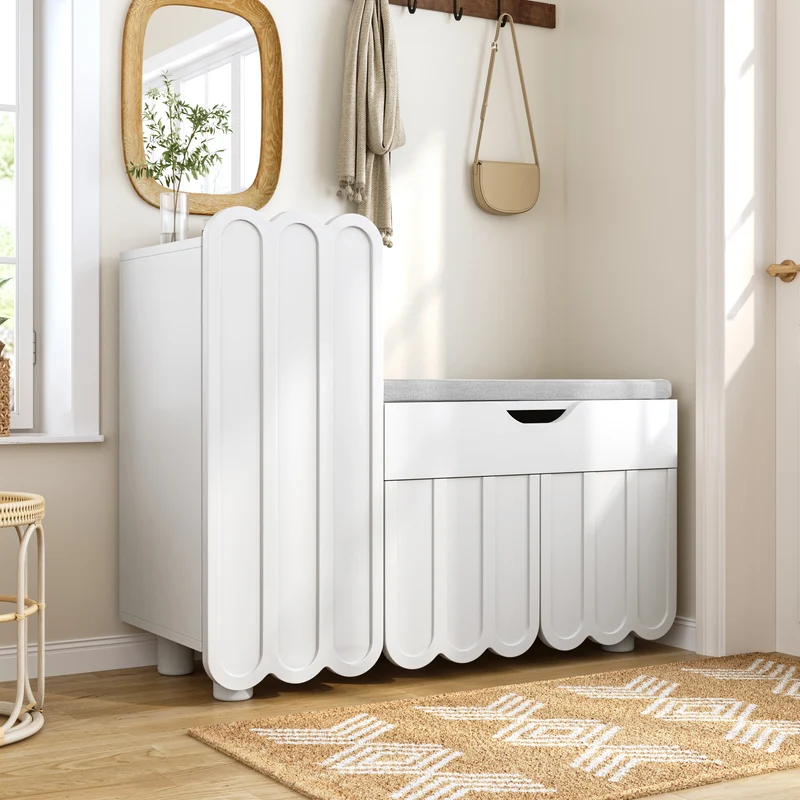Meuble à chaussures blanc avec rangement banc assise rembourrée KIVUILS