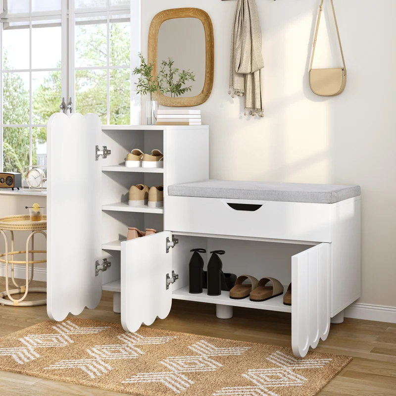 Meuble à chaussures blanc avec rangement banc assise rembourrée KIVUILS