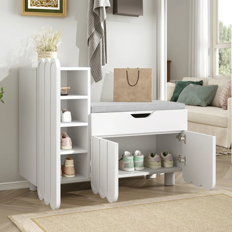 Meuble à chaussures blanc avec rangement banc assise rembourrée KIVUILS