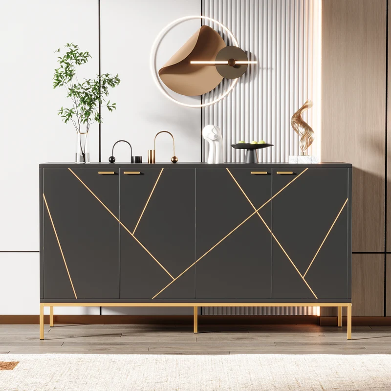 Buffet design noir motifs géométriques dorés et pieds en métal MAUS