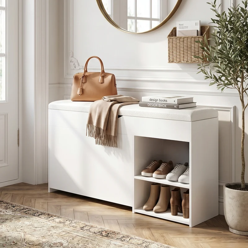 Banc à chaussures blanc PU avec coffre de rangement et coussin confortable ADJUSTCREDENZA