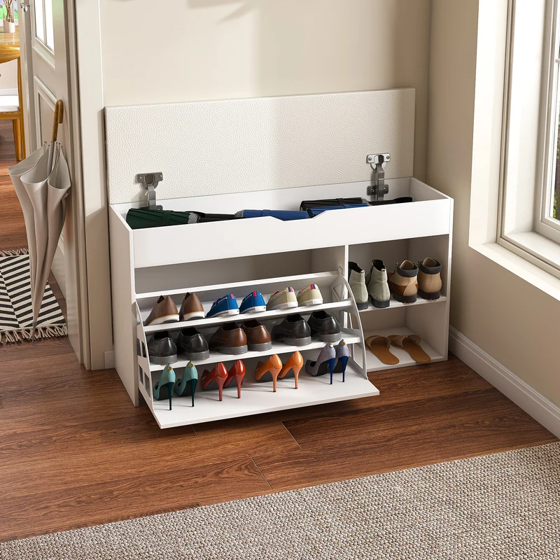 Banc à chaussures blanc PU avec coffre de rangement et coussin confortable ADJUSTCREDENZA