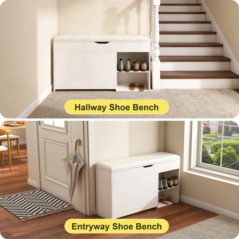 Banc à chaussures blanc PU avec coffre de rangement et coussin confortable ADJUSTCREDENZA