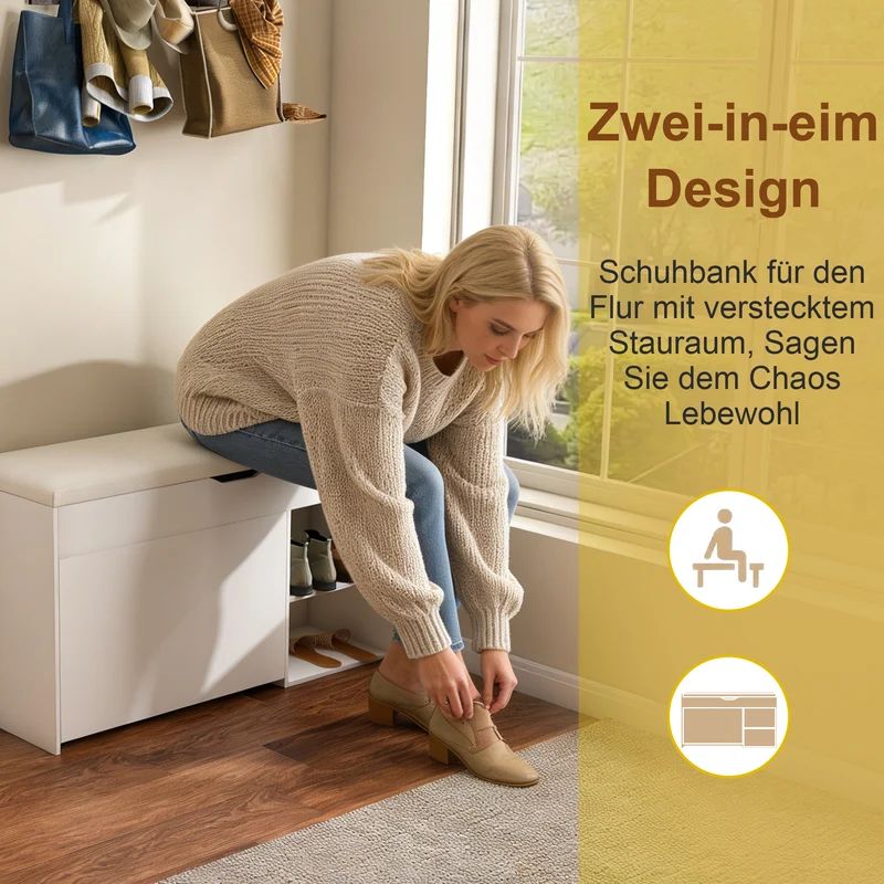 Banc à chaussures blanc PU avec coffre de rangement et coussin confortable ADJUSTCREDENZA