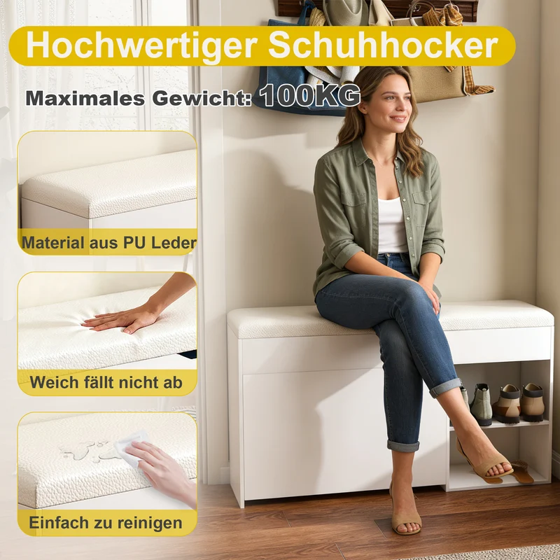 Banc à chaussures blanc PU avec coffre de rangement et coussin confortable ADJUSTCREDENZA
