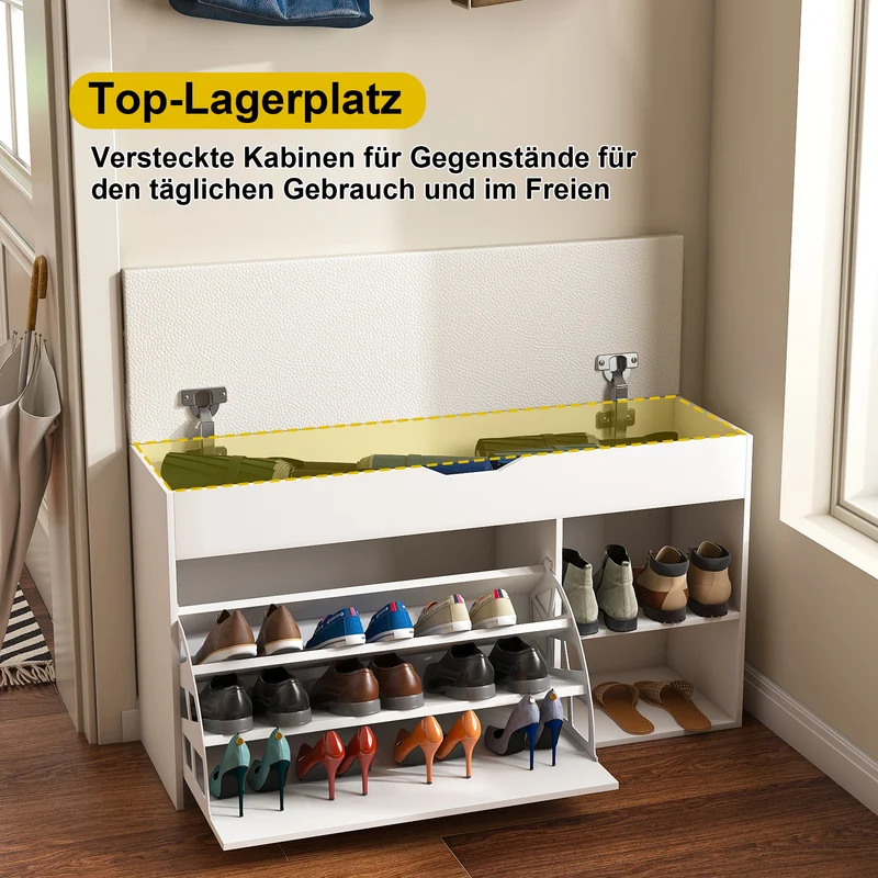 Banc à chaussures blanc PU avec coffre de rangement et coussin confortable ADJUSTCREDENZA
