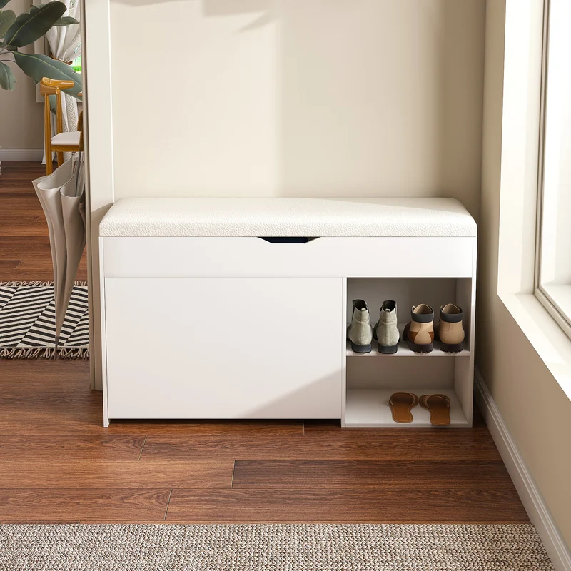 Banc à chaussures blanc PU avec coffre de rangement et coussin confortable ADJUSTCREDENZA