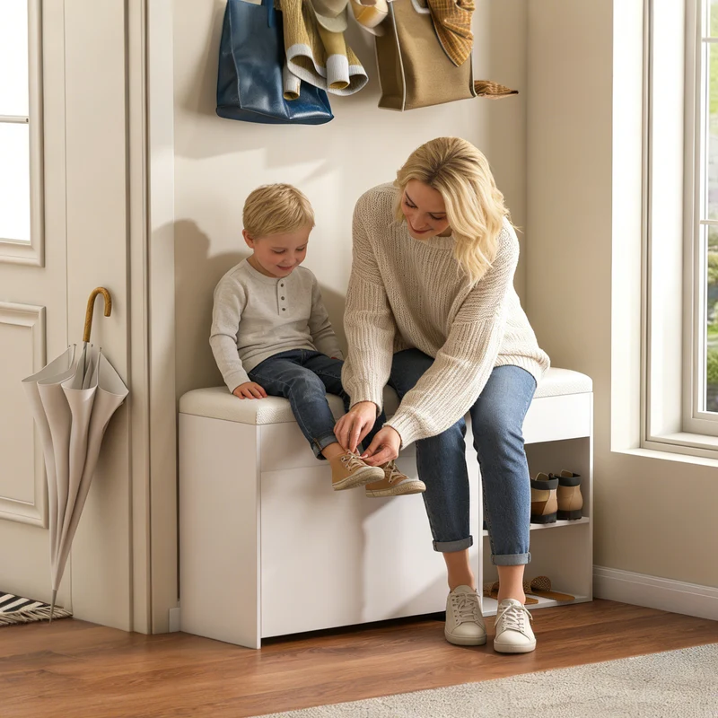 Banc à chaussures blanc PU avec coffre de rangement et coussin confortable ADJUSTCREDENZA