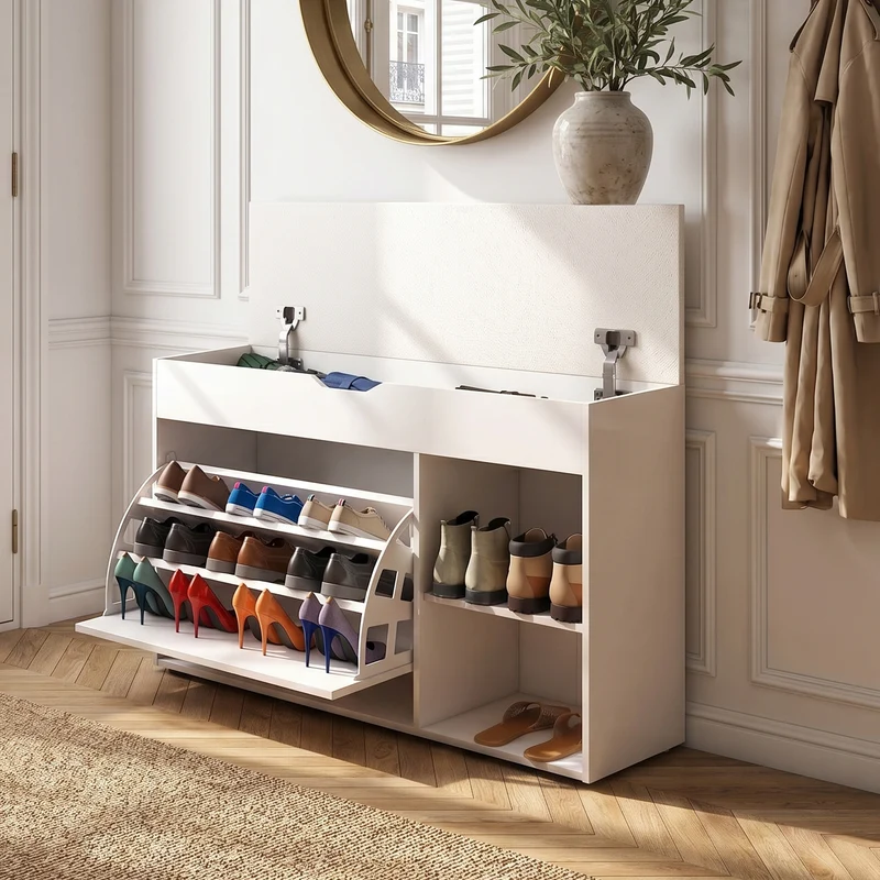 Banc à chaussures blanc PU avec coffre de rangement et coussin confortable ADJUSTCREDENZA