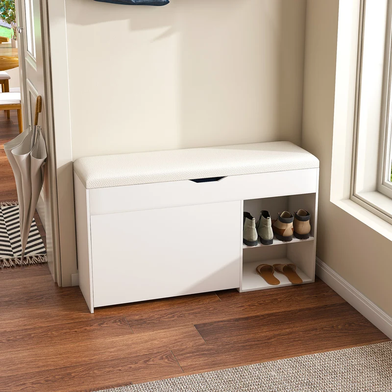Banc à chaussures blanc PU avec coffre de rangement et coussin confortable ADJUSTCREDENZA