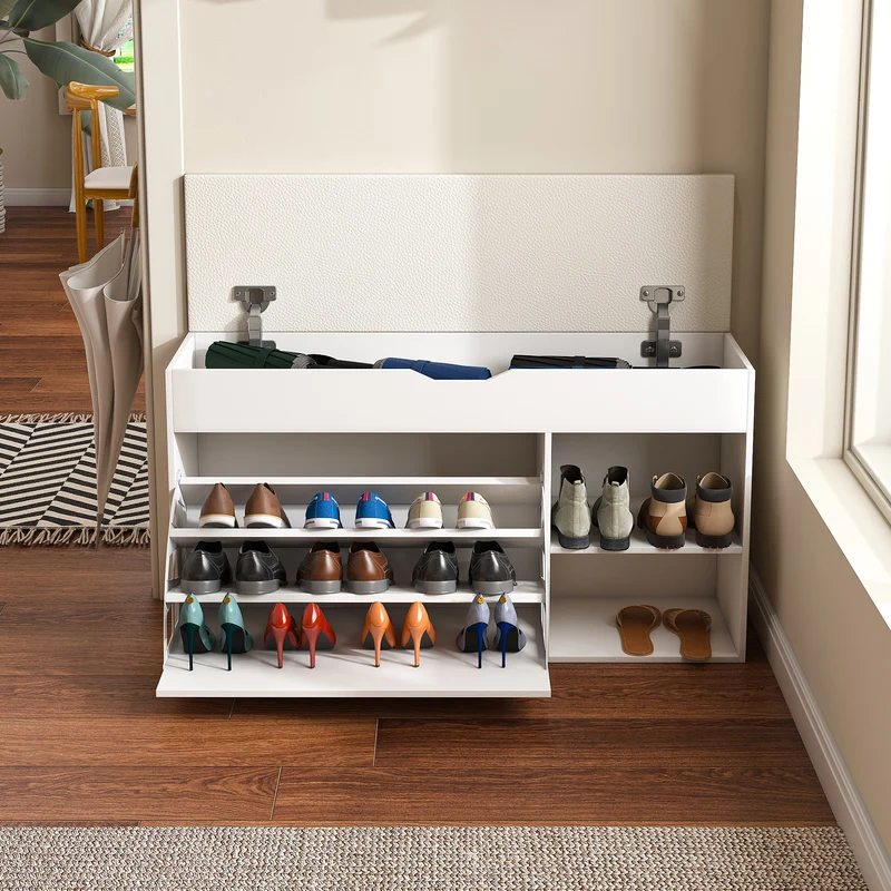 Banc à chaussures blanc PU avec coffre de rangement et coussin confortable ADJUSTCREDENZA