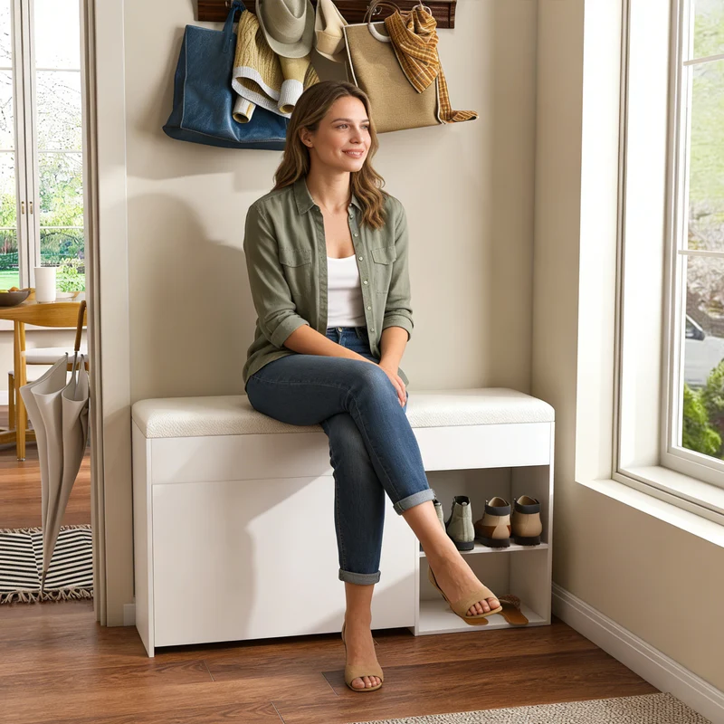 Banc à chaussures blanc PU avec coffre de rangement et coussin confortable ADJUSTCREDENZA