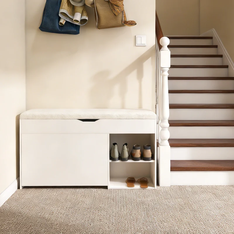 Banc à chaussures blanc PU avec coffre de rangement et coussin confortable ADJUSTCREDENZA