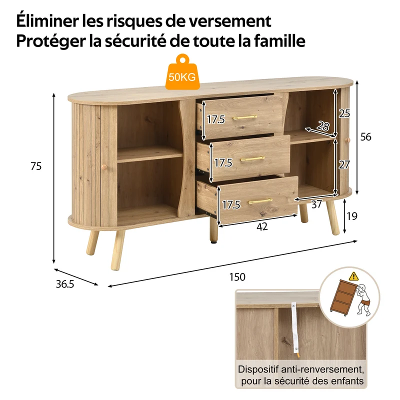 Buffet forme de pois effet bois naturel design latte 2 portes coulissantes 3 tiroirs TITANIUMTRAIL