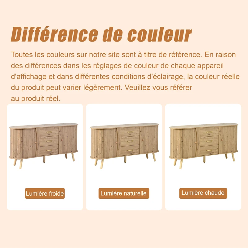 Buffet forme de pois effet bois naturel design latte 2 portes coulissantes 3 tiroirs TITANIUMTRAIL