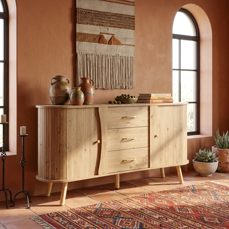 Buffet forme de pois effet bois naturel design latte 2 portes coulissantes 3 tiroirs TITANIUMTRAIL