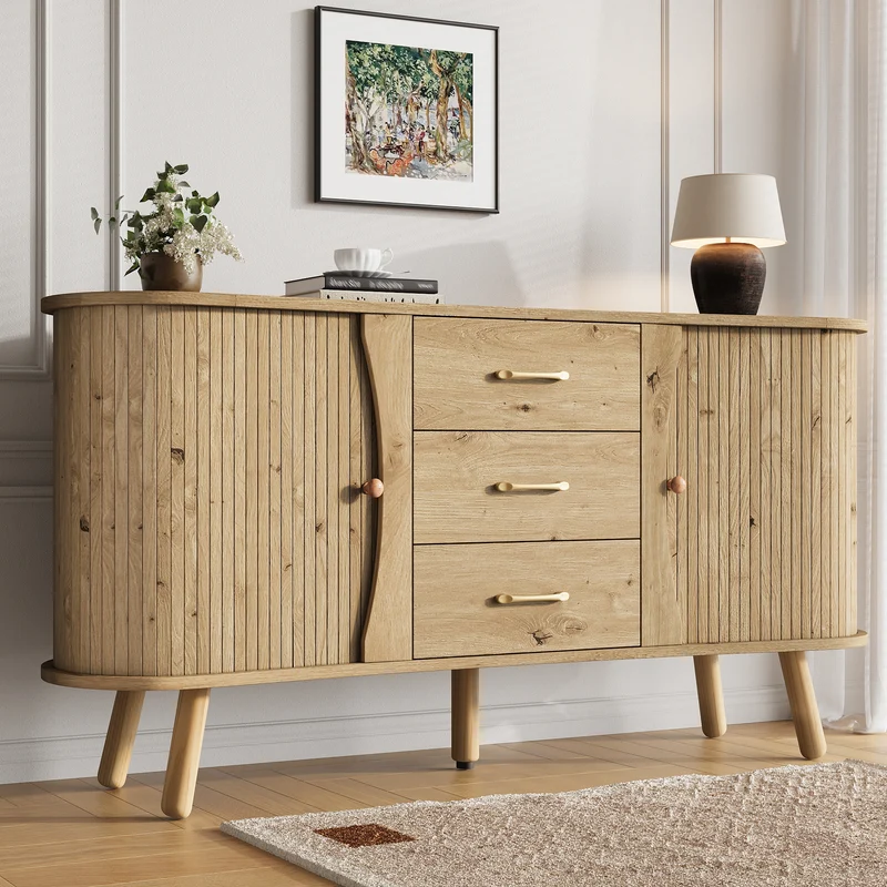 Buffet forme de pois effet bois naturel design latte 2 portes coulissantes 3 tiroirs TITANIUMTRAIL