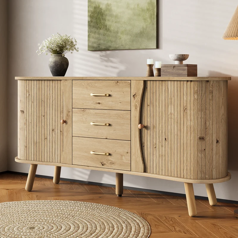 Buffet forme de pois effet bois naturel design latte 2 portes coulissantes 3 tiroirs TITANIUMTRAIL