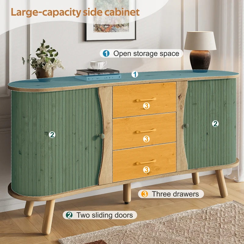 Buffet forme de pois effet bois naturel design latte 2 portes coulissantes 3 tiroirs TITANIUMTRAIL
