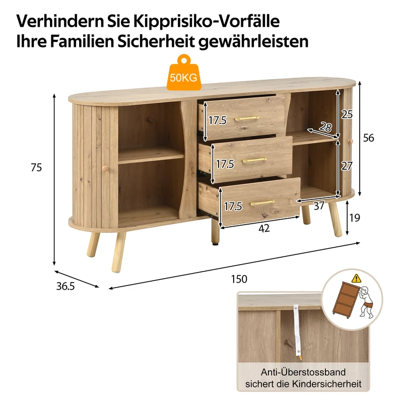 Buffet forme de pois effet bois naturel design latte 2 portes coulissantes 3 tiroirs TITANIUMTRAIL