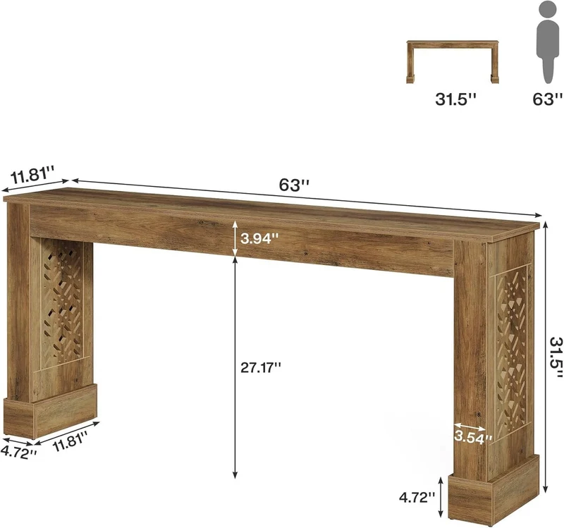 Tribesigns Console de style maison de campagne de 160 cm, Table d'entrée au design industriel rétro avec pieds à motifs creux en marron