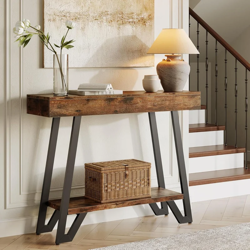 Tribesigns Console de style industriel rustique, Étagère à deux niveaux avec structure métallique pour entrée et salon