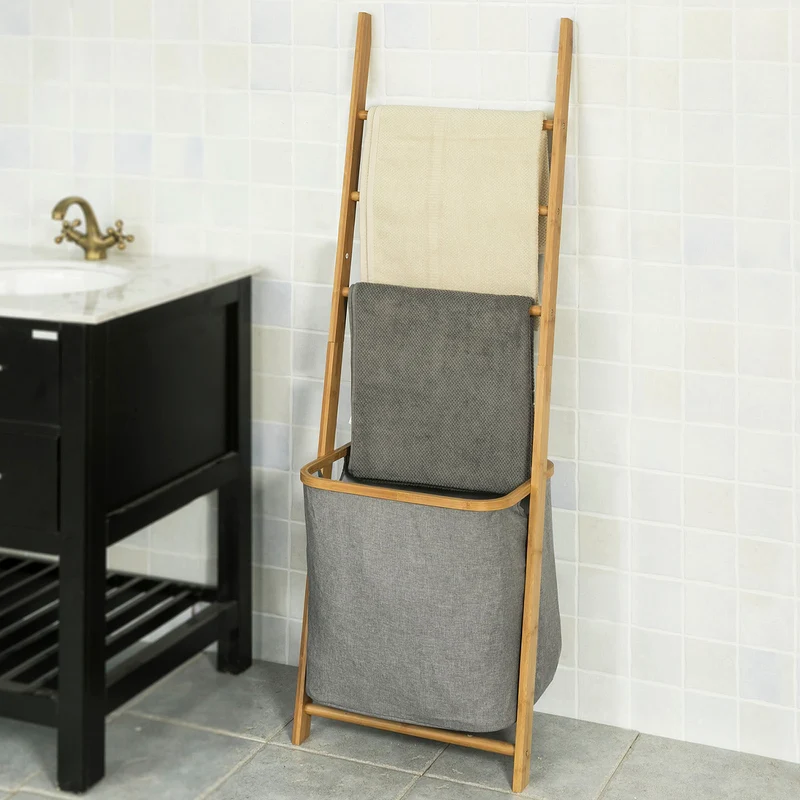 SoBuy FRG263-N Échelle Porte-Serviettes Support pour Serviettes sans Perçage avec 1 Panier à Linge Amovible et 3 Barres