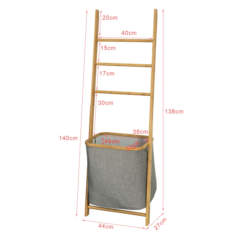 SoBuy FRG263-N Échelle Porte-Serviettes Support pour Serviettes sans Perçage avec 1 Panier à Linge Amovible et 3 Barres