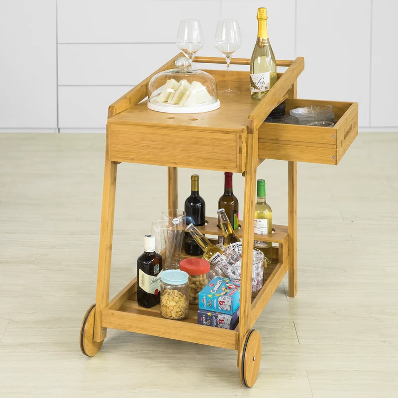 SoBuy FKW89-N Chariot de Service à roulettes Chariot de Cuisine en Bambou 2 Niveaux de Rangement Desserte de Cuisine roulante avec Porte-Bouteilles