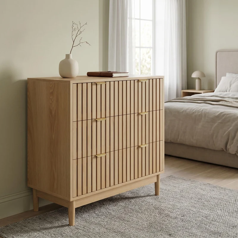 Buffet design latte effet chêne 3 tiroirs 80x39x80cm PEARLPINNACLE
