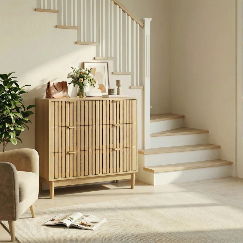 Buffet design latte effet chêne 3 tiroirs 80x39x80cm PEARLPINNACLE