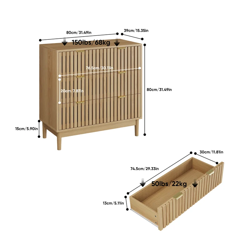 Buffet design latte effet chêne 3 tiroirs 80x39x80cm PEARLPINNACLE