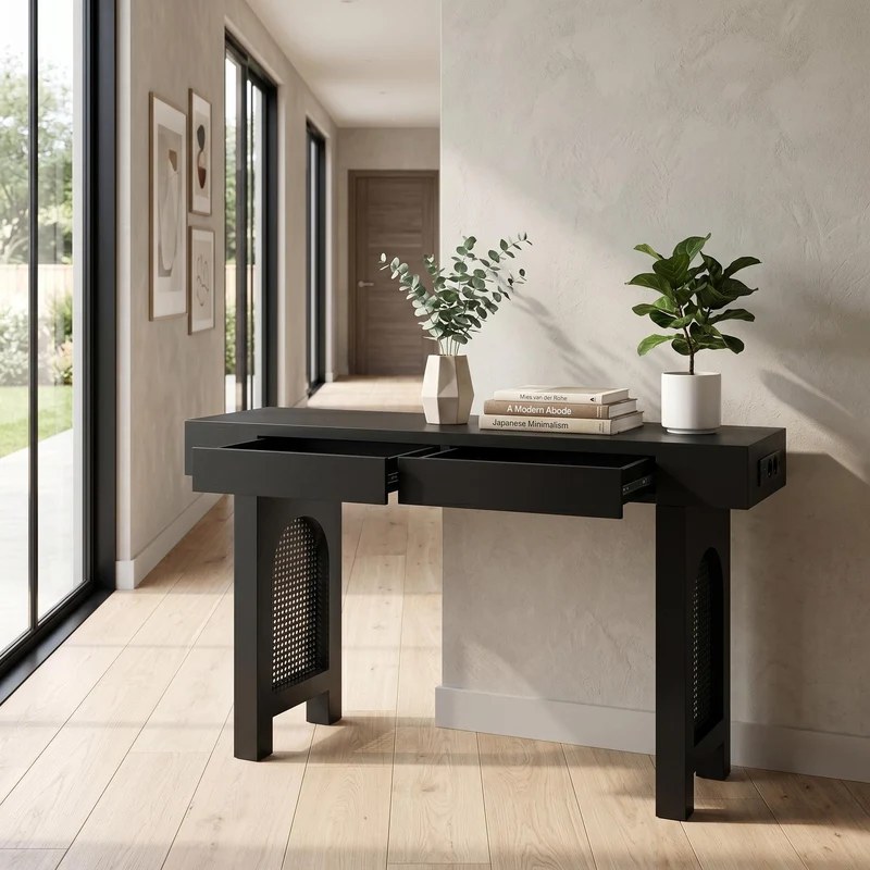 Console noire pieds en rotin 2 tiroirs et avec prises & USB MOMENTUMQUAZ